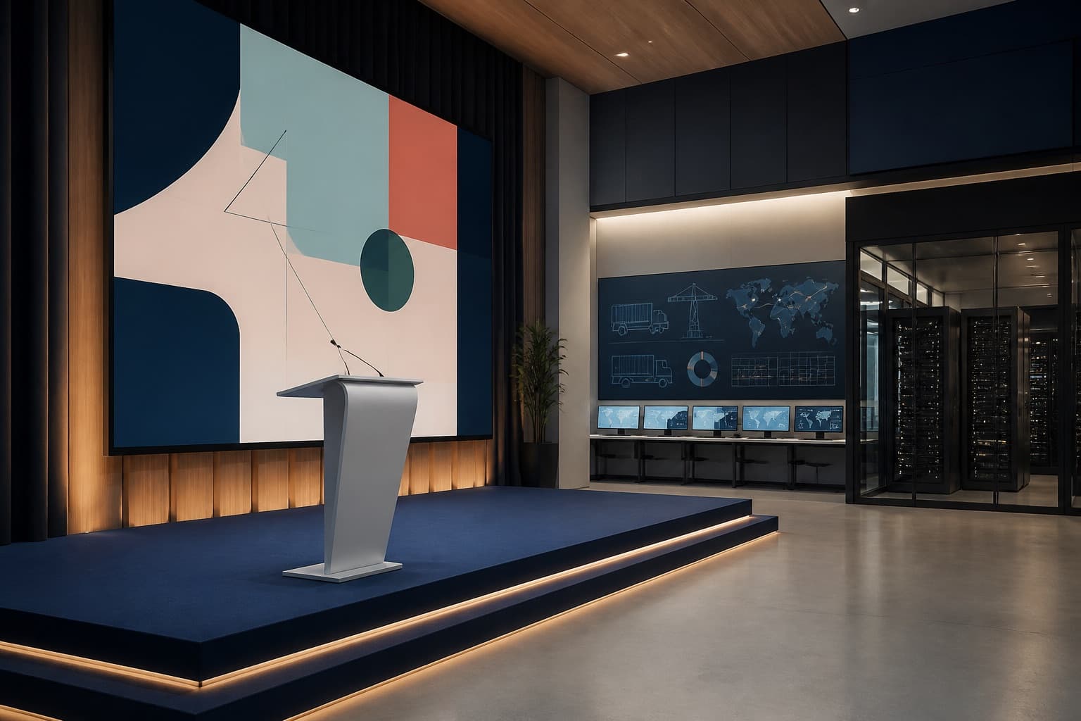 An empty editorial stage prepared for a high-authority industry keynote