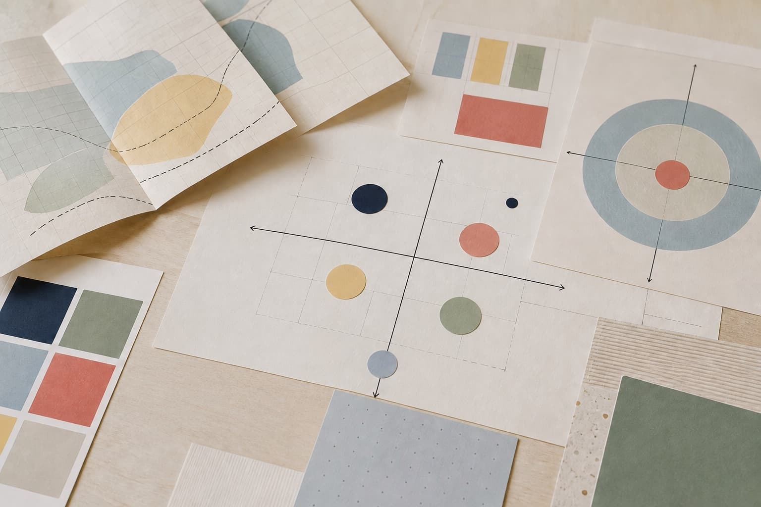An abstract positioning system made from layered strategy papers and muted diagrams