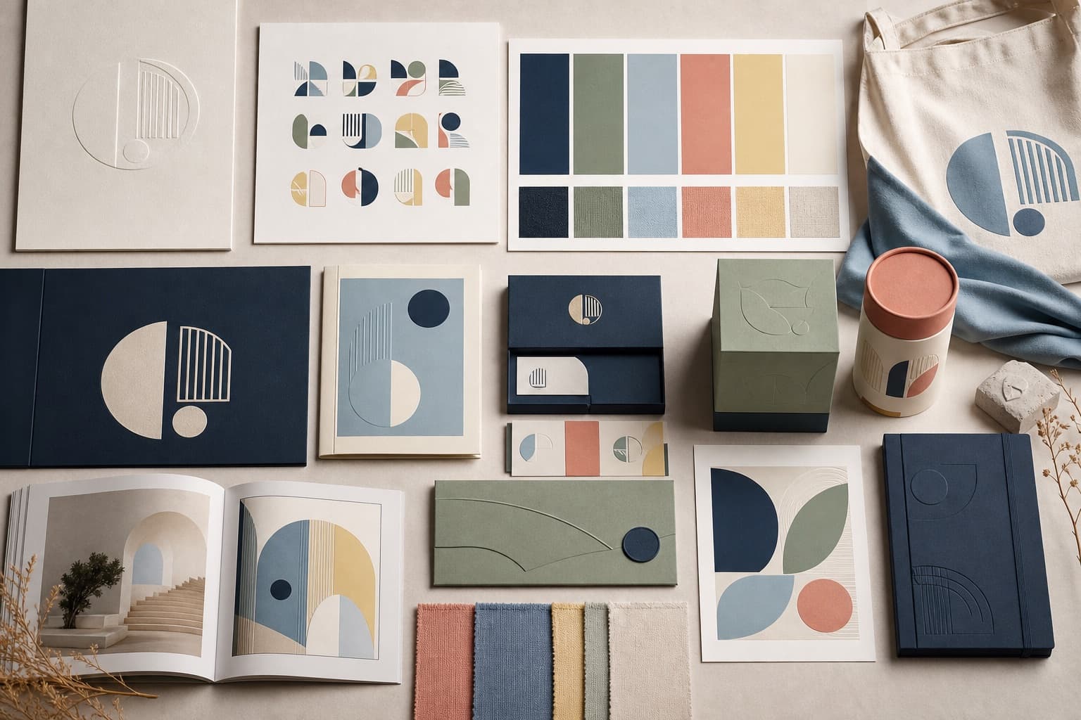 A face-free brand identity system with colour swatches, abstract marks, packaging and collateral