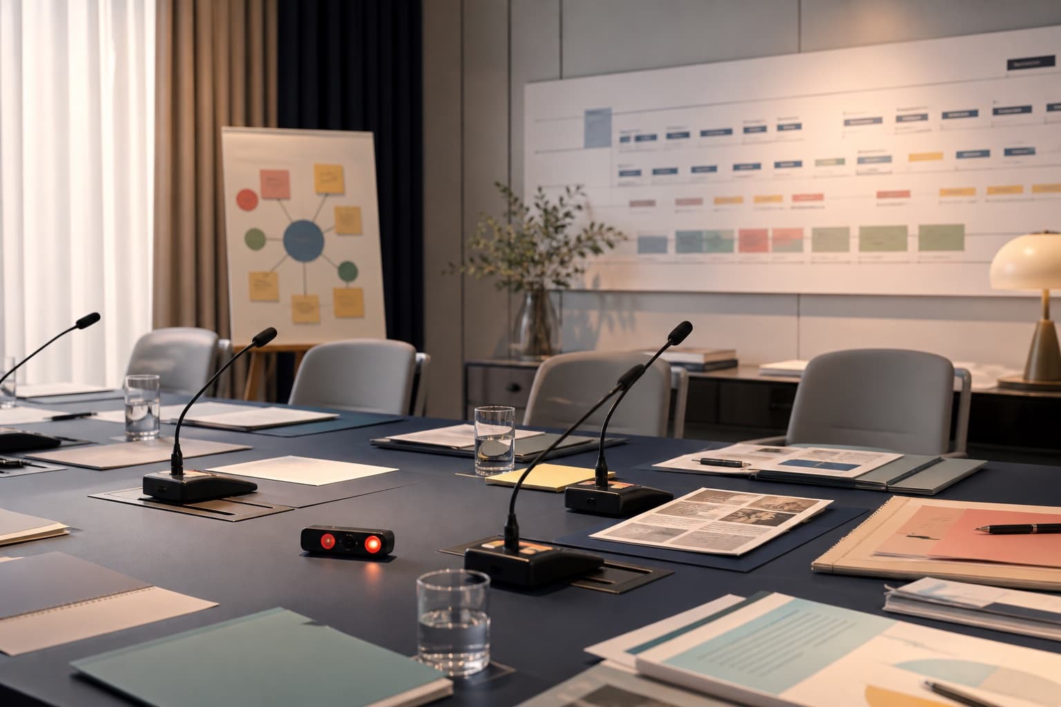 An empty communications command table with microphones, briefing folders and a response timeline
