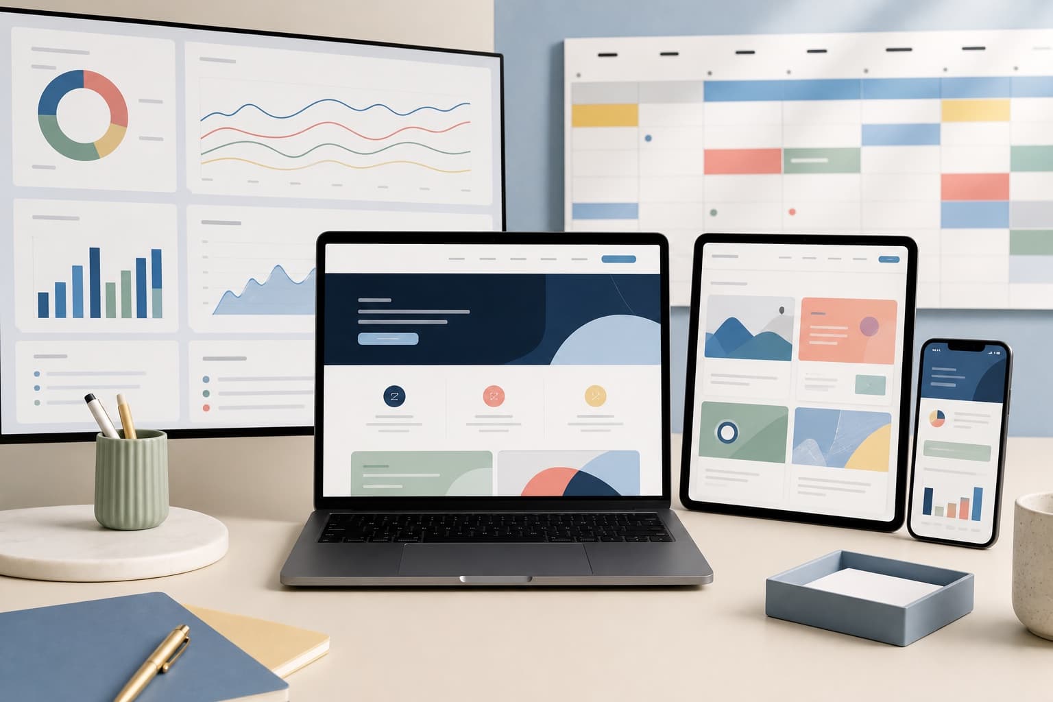 A face-free digital ecosystem with website interfaces, content planning and analytics across devices