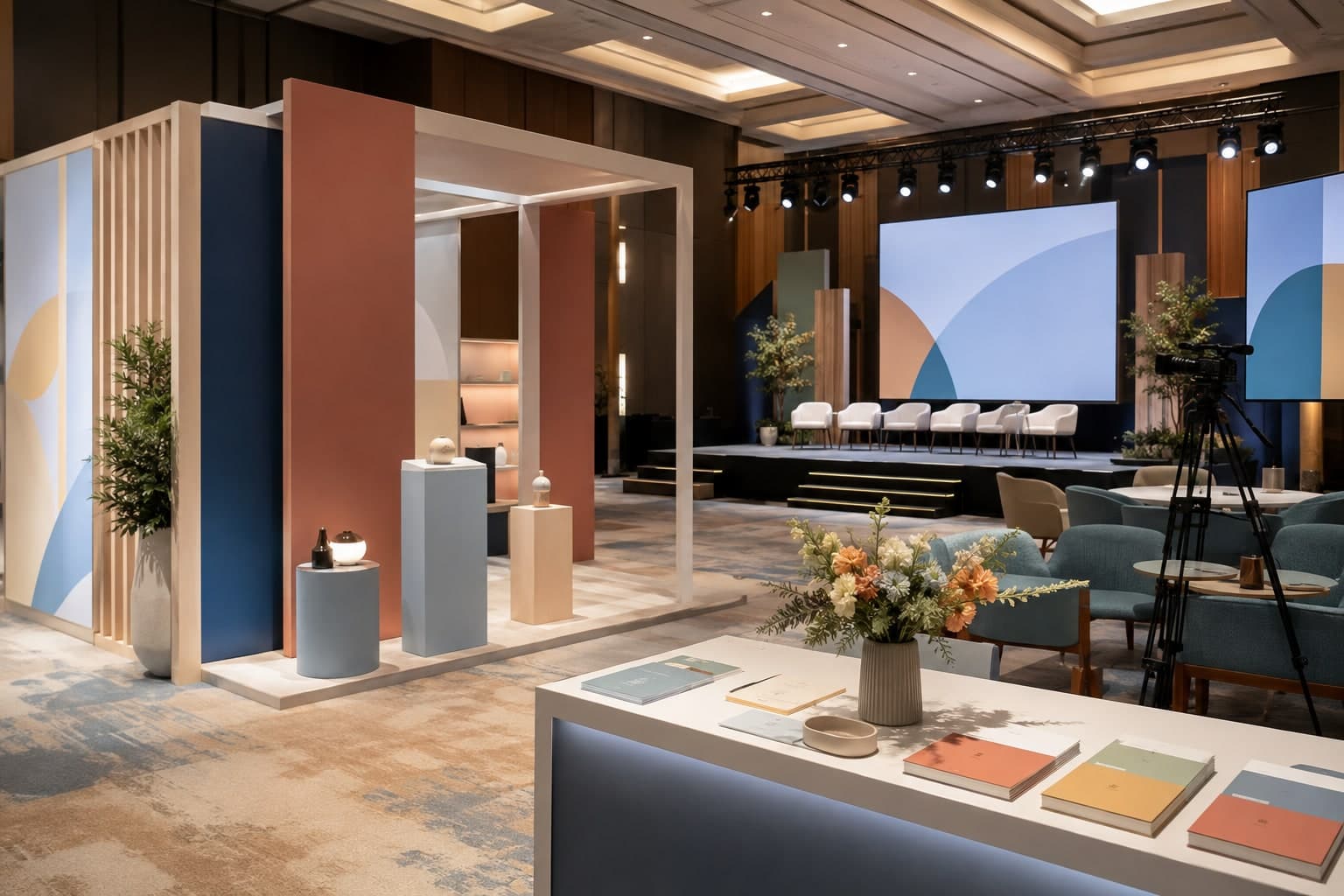 An empty premium B2B event venue with an exhibition stand, customer stage, digital screens, camera setup and branded collateral
