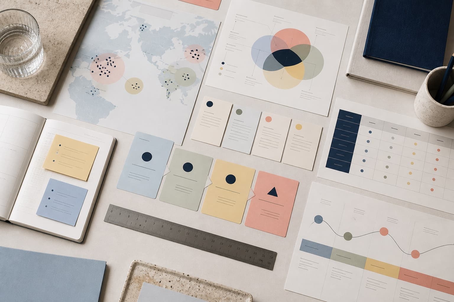 A face-free strategy studio still life with market maps, research cards and customer journey diagrams