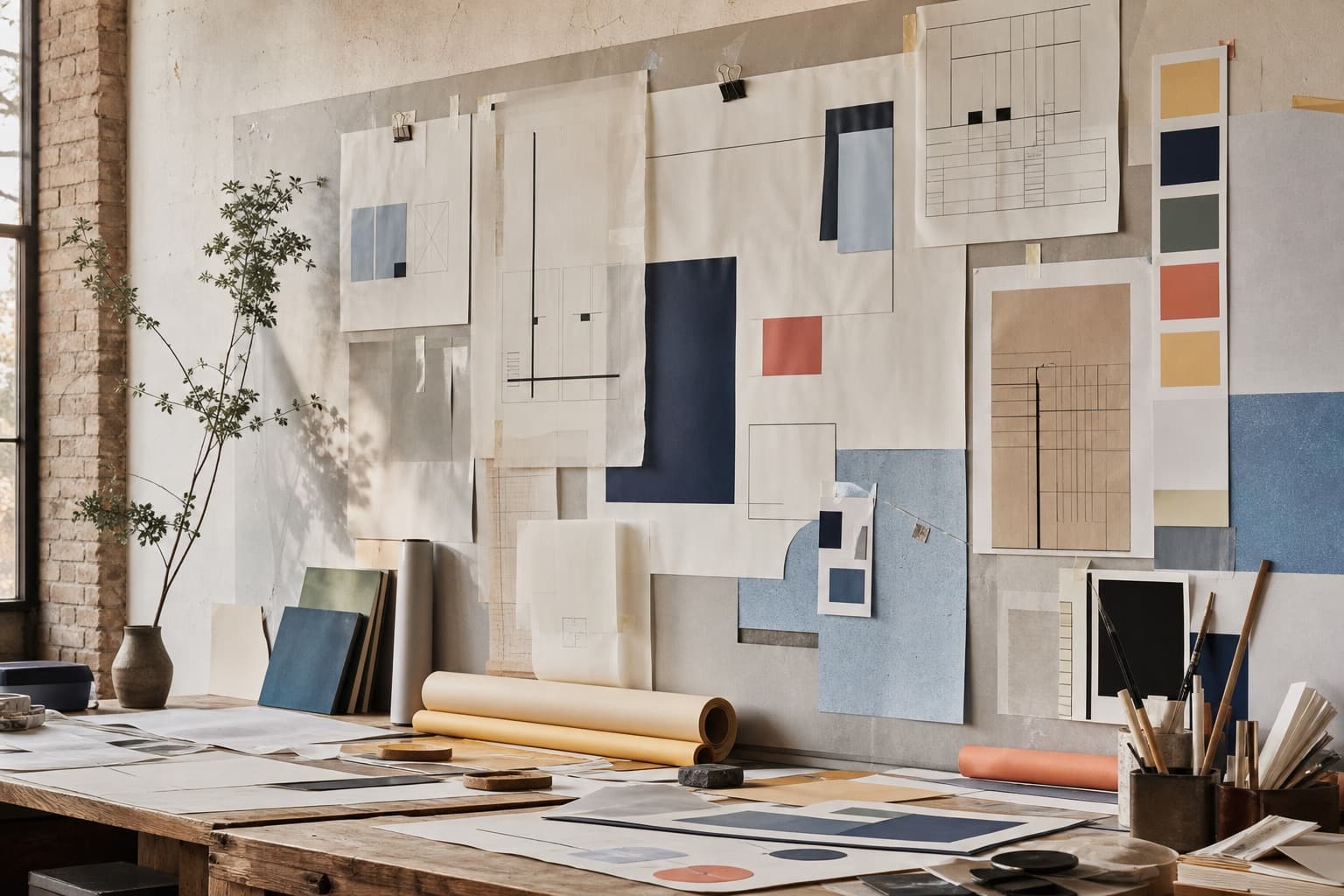 A face-free creative studio wall filled with strategic diagrams, paper systems and visual research